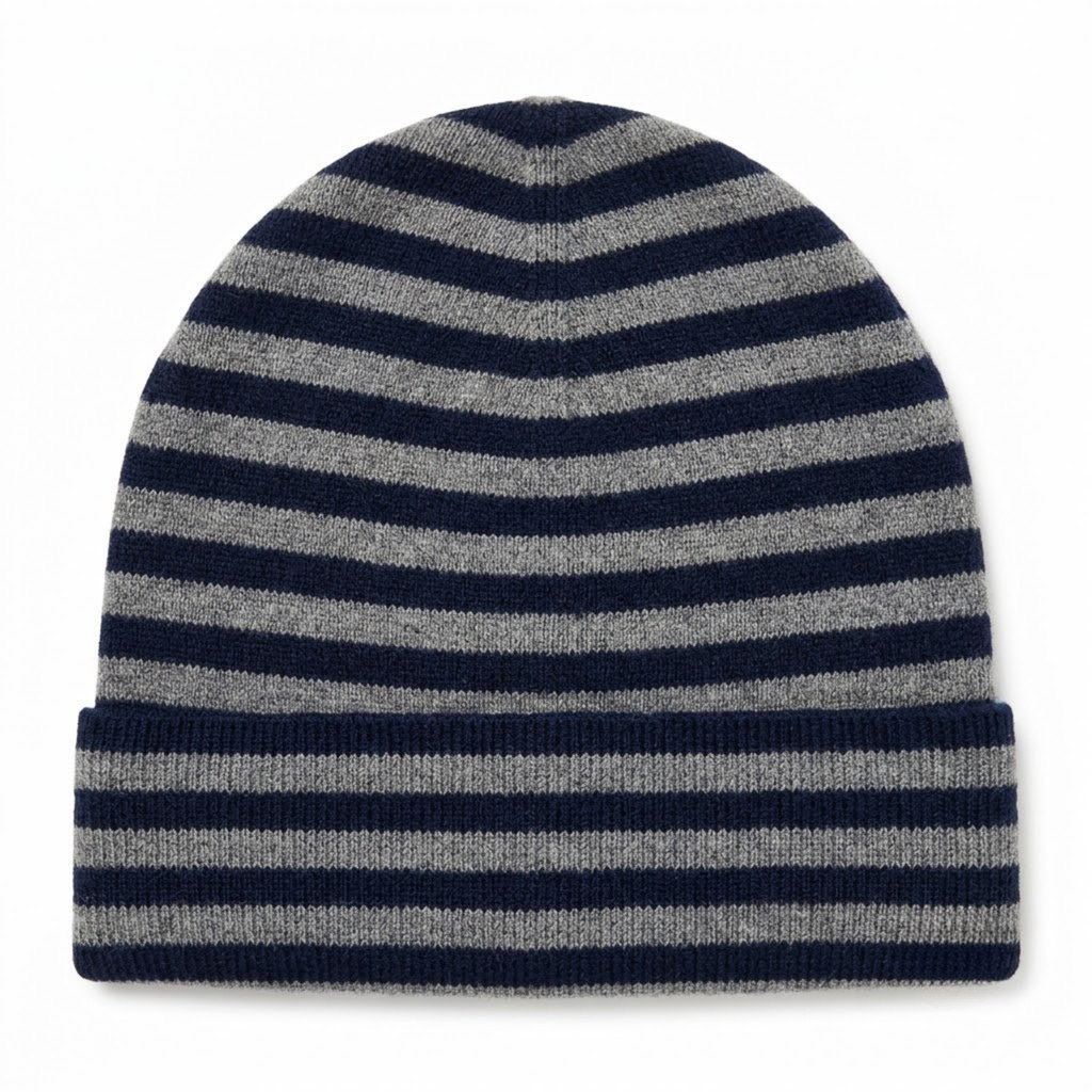 Striped Cashmere Beanie - Navy & Grey