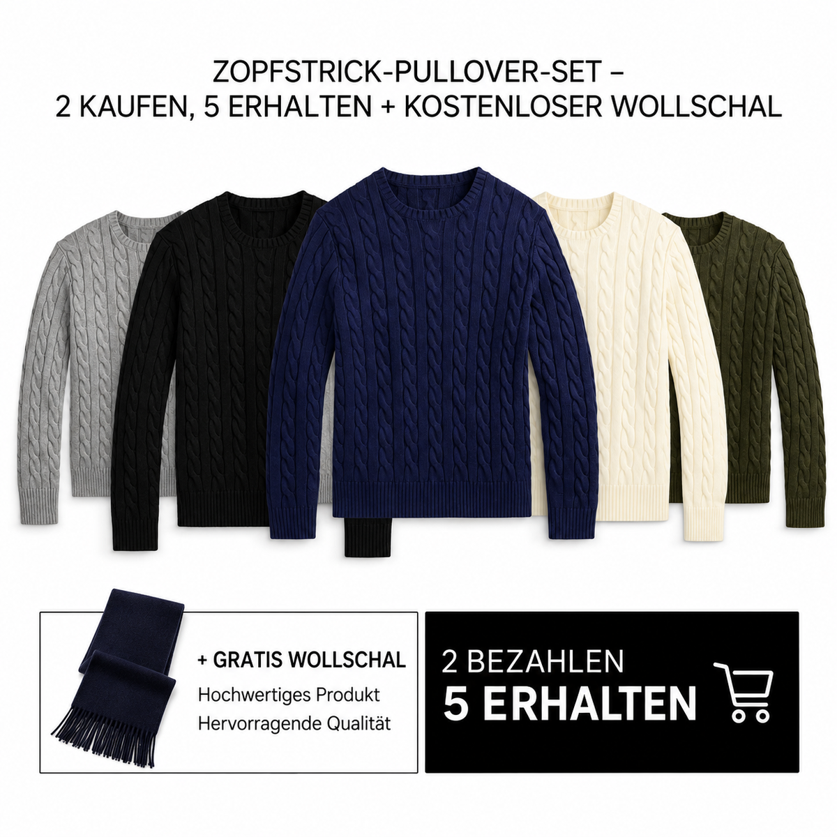 RL ZOPFSTRICK-PULLOVER-SET – 2 KAUFEN, 5 ERHALTEN + KOSTENLOSER WOLLSCHAL