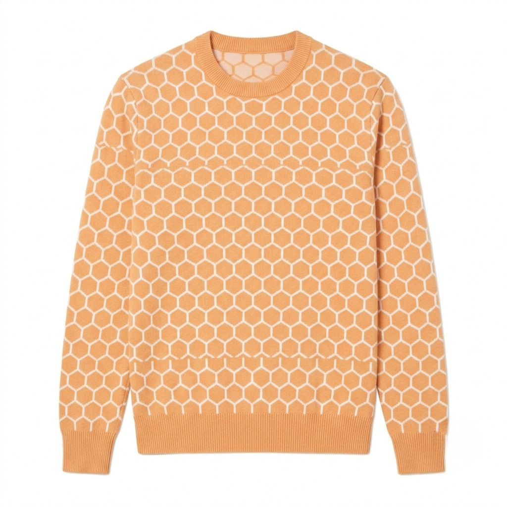 Hexagonal Pattern Wool Sweater - Light Orange & White