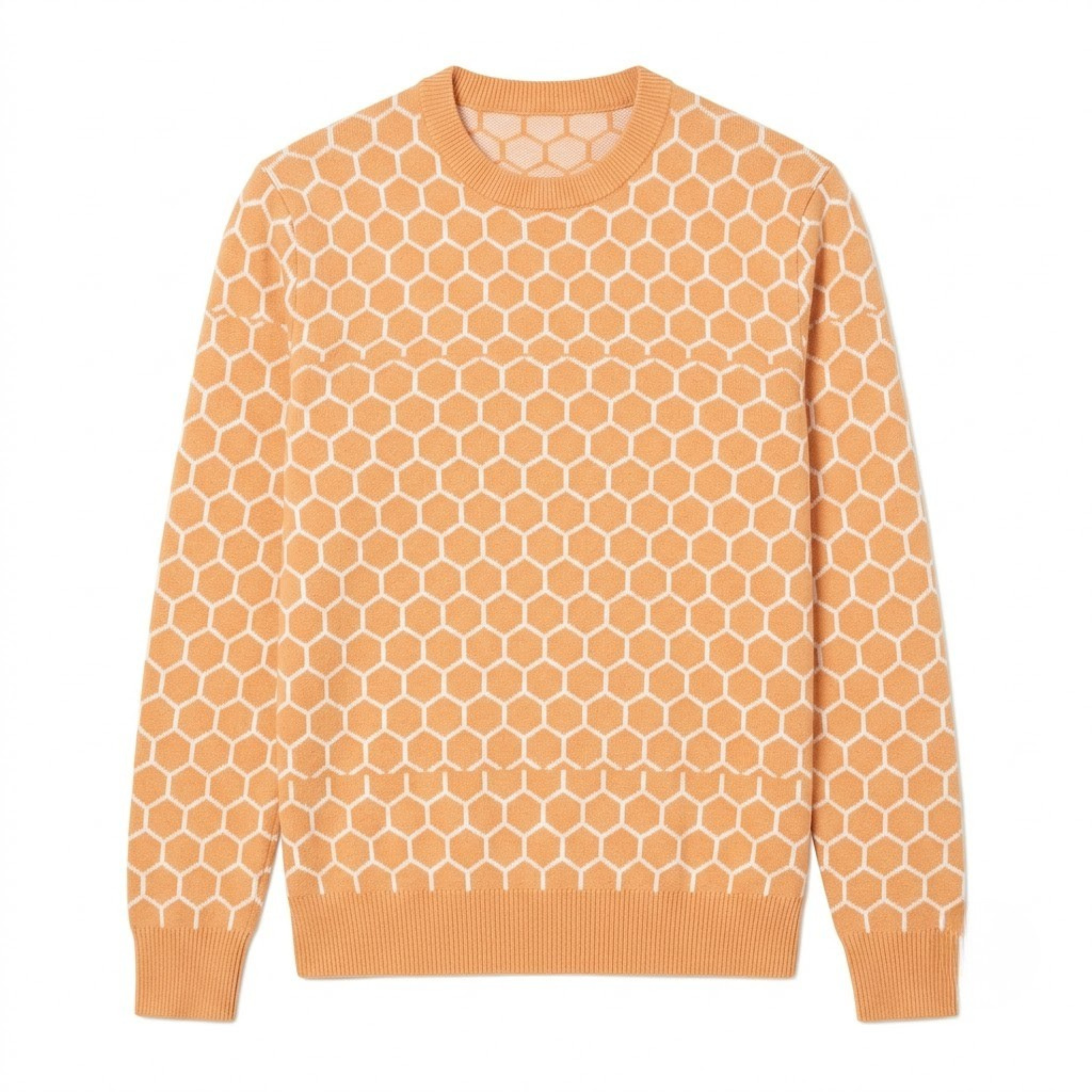Hexagonal Pattern Wool Sweater - Light Orange & White